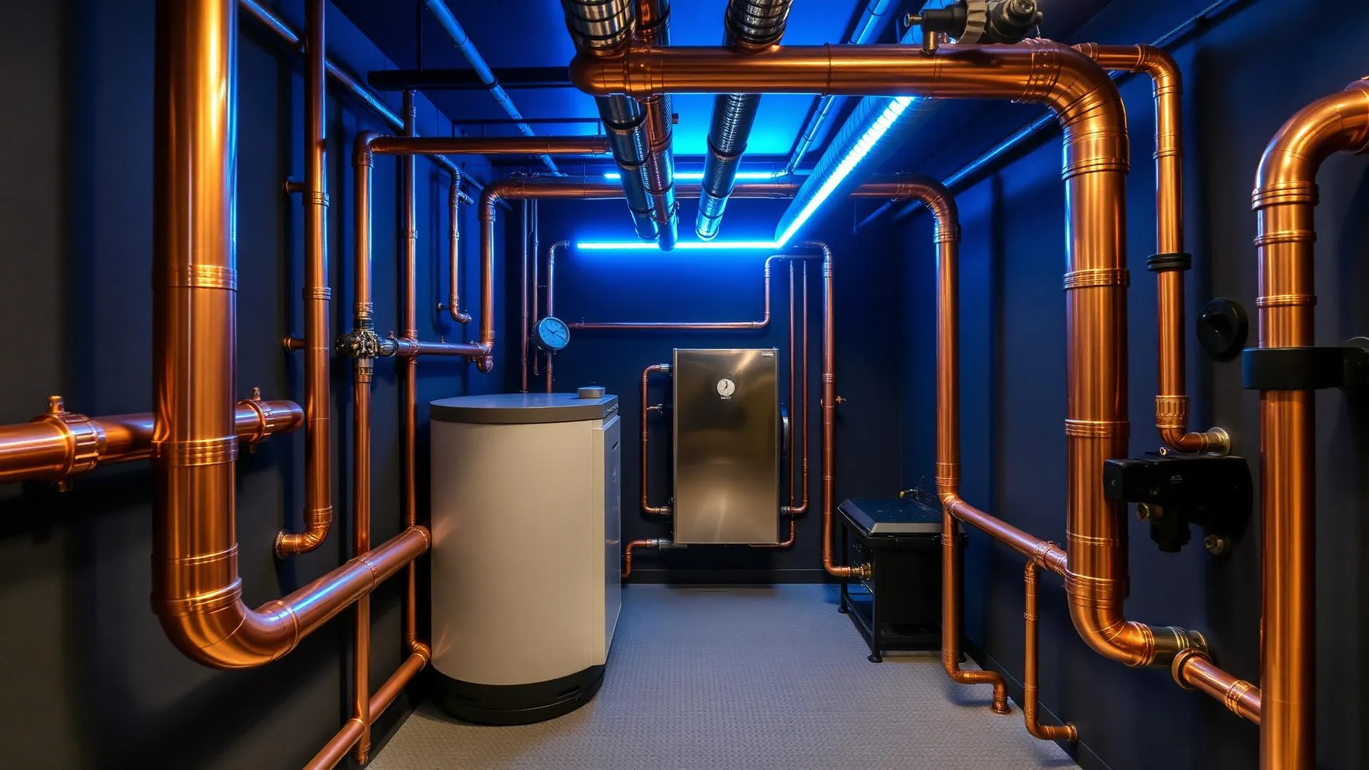 Modern boiler room with clean copper pipe installation